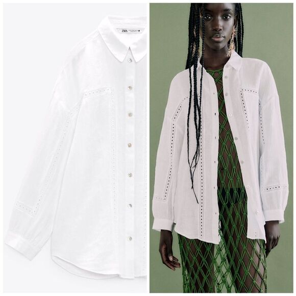 100% Linen Shirt Zara With Lace New - Picture 1 of 7